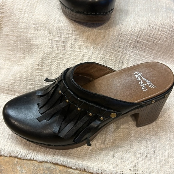 Dansko Deni Black Fringed Platform Clogs - Picture 2 of 12